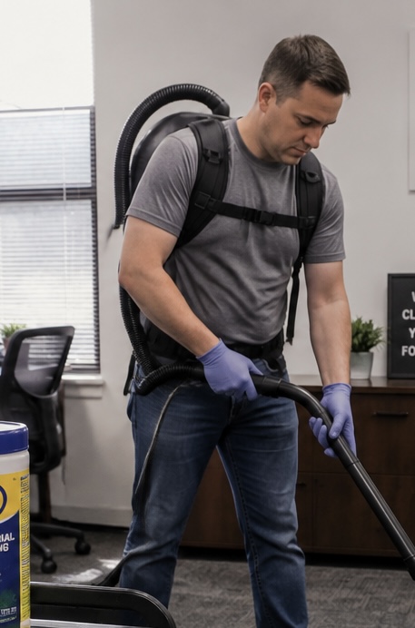 Ohio Pros cleaner vacuuming with a backpack vacuum during a scheduled cleaning