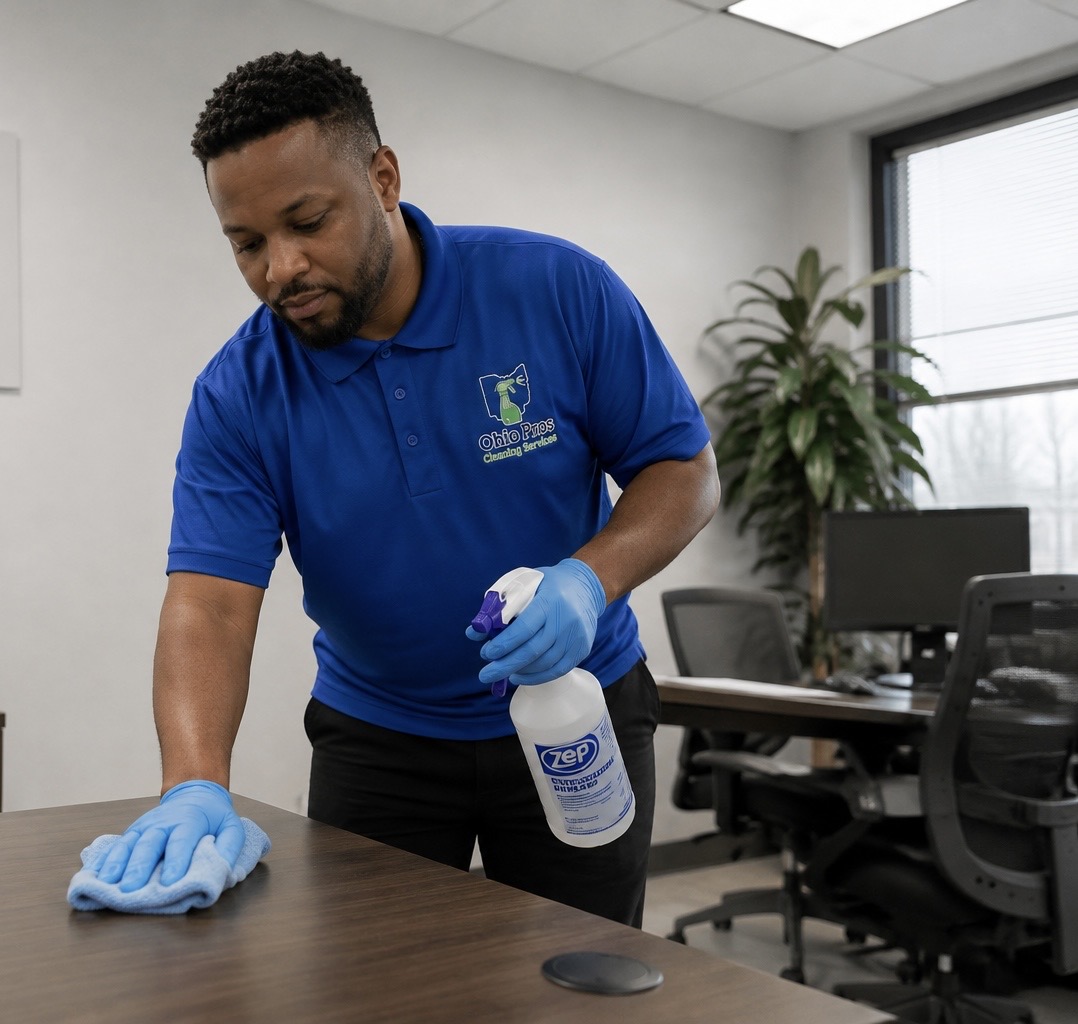 Ohio Pros team member in a branded polo disinfecting an office table in Northeast Ohio