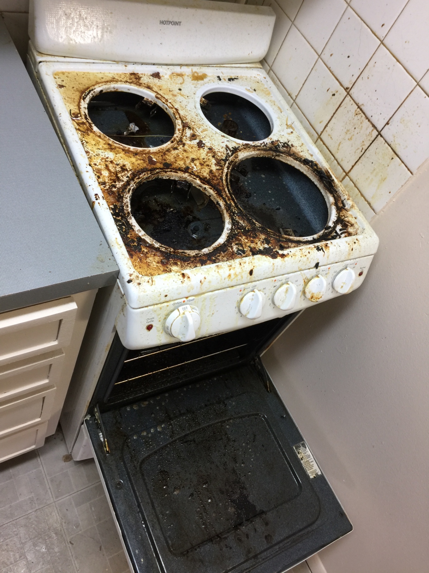 Deep stovetop & oven detail — before